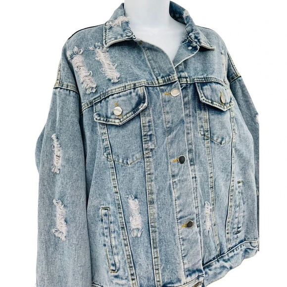 J.NNA Women's Distressed Denim Jean Jacket Small Flower Patch Beads Sequins - Picture 3 of 14